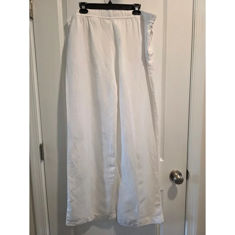 Women's sz XL White Linen Blend Drawstring Wide Leg Pants High Rise Summer